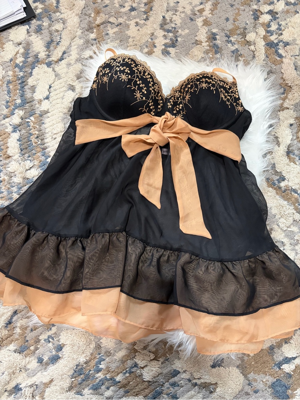 La Vie En Rose Black and Tan Embroidered Babydoll Chemise with Satin Bow